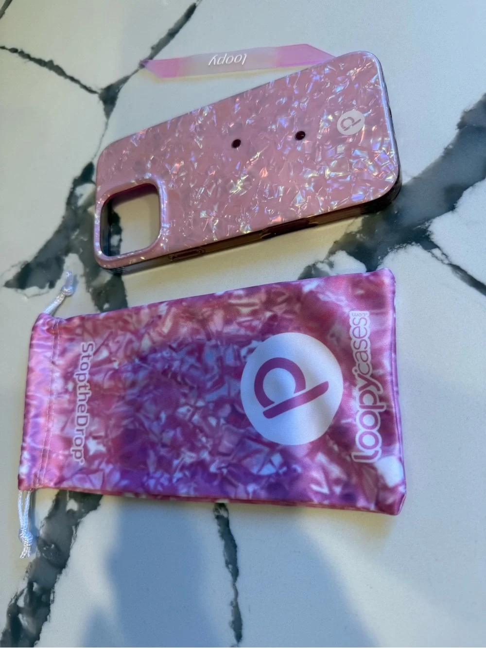 Loopy Case 16 Pro Max Pink Opal Shell Phone Case with pink Loop